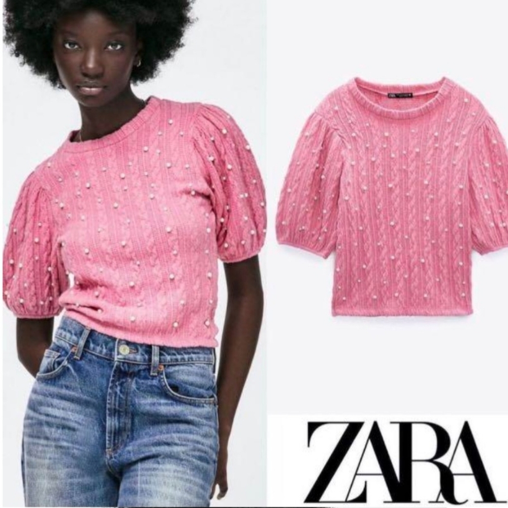 Zara Pink Cable Knit And Pearl Puff Sleeve Sweater Top SzS